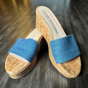 NWOT Stuart Weitzman Summer Denim Wedge Cork Sandals